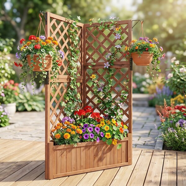 Costway Letto da giardino rialzato ad angolo con traliccio e fori di drenaggio, Fioriera in legno per fiori verdure interno ed esterno Marrone