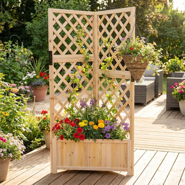 Costway Letto da giardino rialzato ad angolo con traliccio e fori di drenaggio, Fioriera in legno per fiori verdure interno ed esterno Naturale