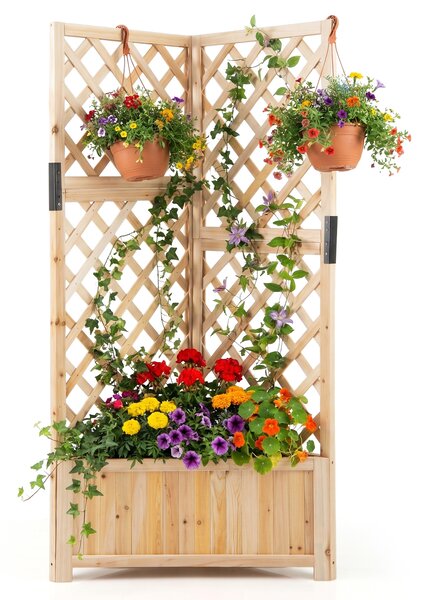 Costway Letto da giardino rialzato ad angolo con traliccio e fori di drenaggio, Fioriera in legno per fiori verdure interno ed esterno Naturale