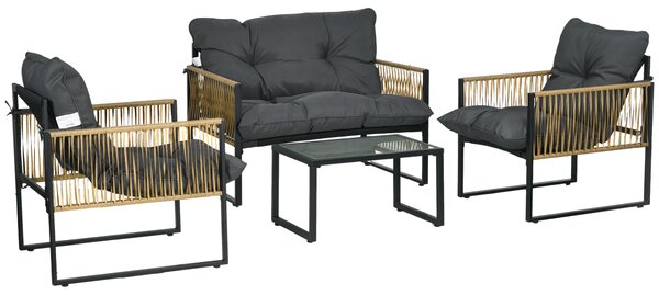 Outsunny Set da giardino 4 pezzi divano 2 posti 2 poltrone e 1 tavolino con piano in vetro temperato 3 cuscini - grigio