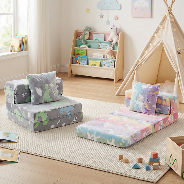 Costway Divano letto 3-in-1 con coperture lavabili a cerniera e cuscino extra, Divano per bambini che luminesce Multicolore