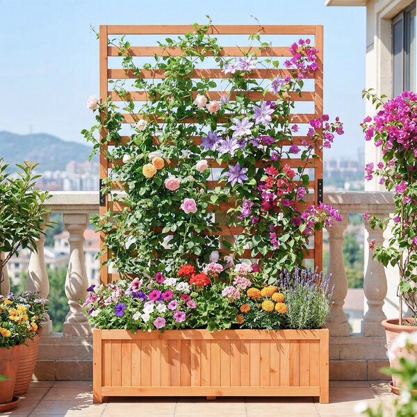 Costway Letto da giardino rialzato in legno con traliccio verticale fodera e drenaggio, Fioriera elevata per interno esterno patio balcon Arancione