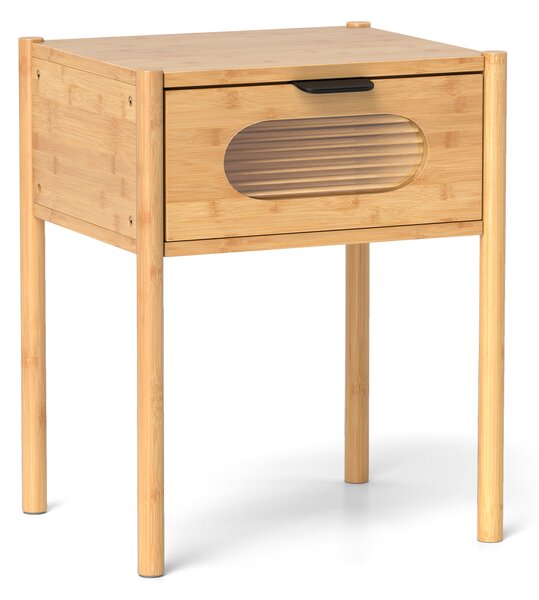 Costway Comodino in bambù stile country con cassetto in vetro temperato design mid century, Comodino in bambù multifunzionale robusto con design naturale per spazi piccoli