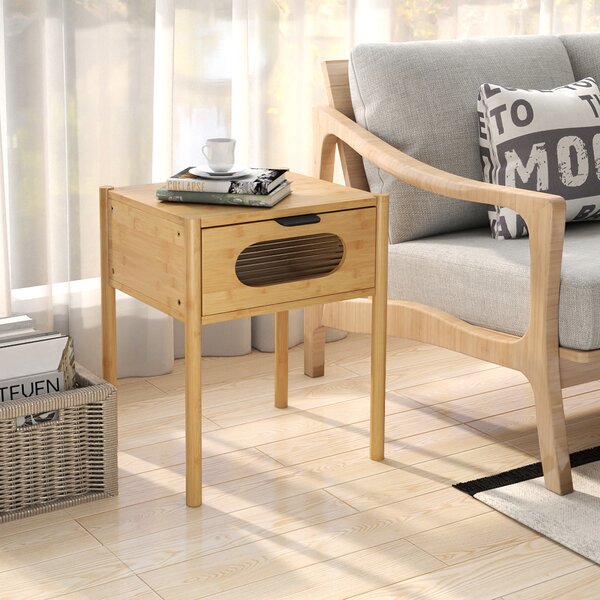 Costway Comodino in bambù stile country con cassetto in vetro temperato design mid century, Comodino in bambù multifunzionale robusto con design naturale per spazi piccoli