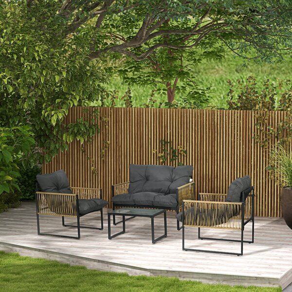 Outsunny Set da giardino 4 pezzi divano 2 posti 2 poltrone e 1 tavolino con piano in vetro temperato 3 cuscini - grigio