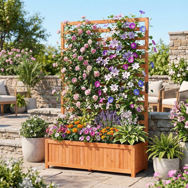 Costway Letto da giardino rialzato in legno con traliccio verticale fodera e drenaggio, Fioriera elevata per interno esterno patio balcon Arancione