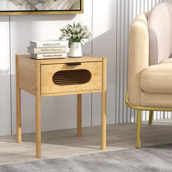 Costway Comodino in bambù stile country con cassetto in vetro temperato design mid century, Comodino in bambù multifunzionale robusto con design naturale per spazi piccoli