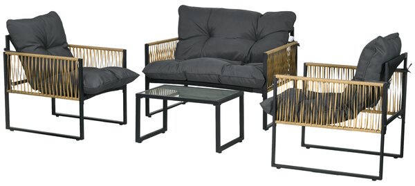 Outsunny Set da giardino 4 pezzi divano 2 posti 2 poltrone e 1 tavolino con piano in vetro temperato 3 cuscini - grigio