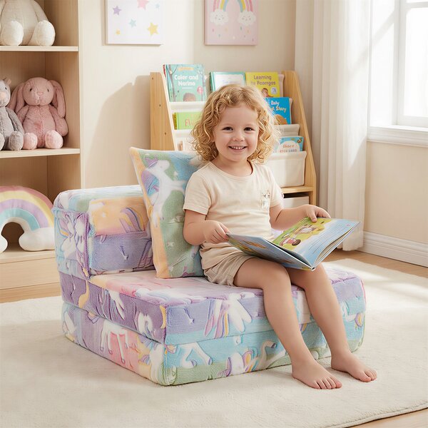 Costway Divano letto 3-in-1 con coperture lavabili a cerniera e cuscino extra, Divano per bambini che luminesce Multicolore