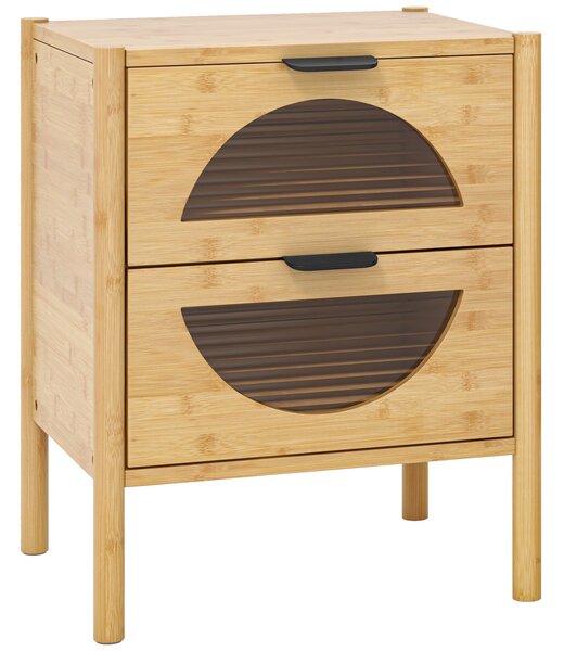 Costway Comodino in bambù mid-century moderno con 2 cassetti e frontali in vetro temperato, Tavolino laterale naturale per soggiorno e camera da letto
