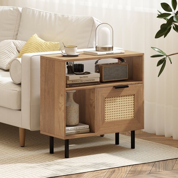 Costway Comodino boho in rattan con ripiano portaoggetti e gambe in metallo, Tavolino laterale in legno piccolo multifunzionale per soggiorno camera da letto e ingresso