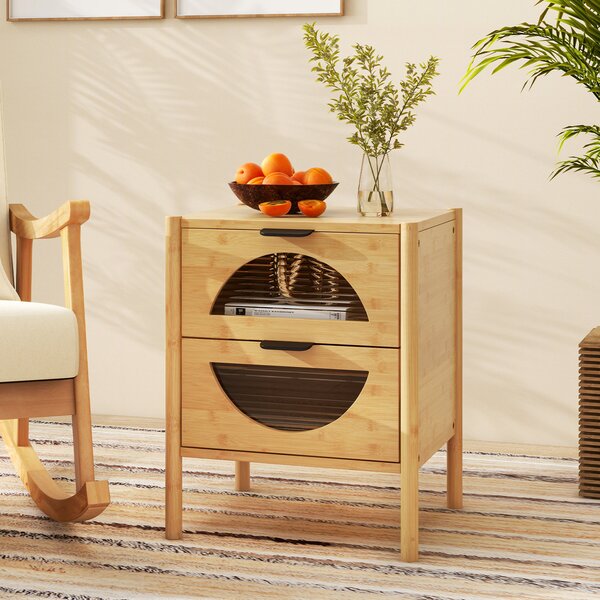 Costway Comodino in bambù mid-century moderno con 2 cassetti e frontali in vetro temperato, Tavolino laterale naturale per soggiorno e camera da letto