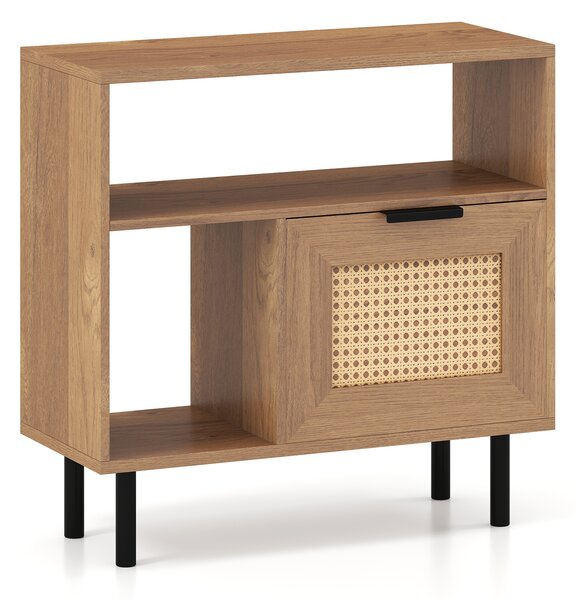 Costway Comodino boho in rattan con ripiano portaoggetti e gambe in metallo, Tavolino laterale in legno piccolo multifunzionale per soggiorno camera da letto e ingresso