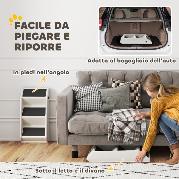 PawHut Scaletta per Cani e Gatti con 3 Scalini Antiscivolo, Design Pieghevole con Capacità 10 kg, Crema | Aosom Italy