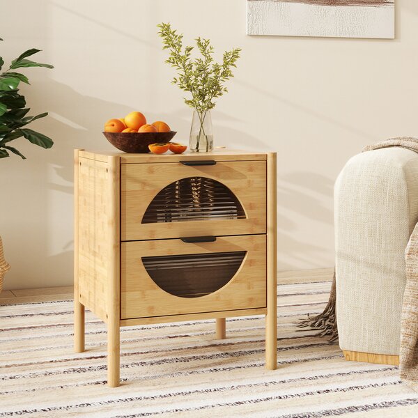 Costway Comodino in bambù mid-century moderno con 2 cassetti e frontali in vetro temperato, Tavolino laterale naturale per soggiorno e camera da letto