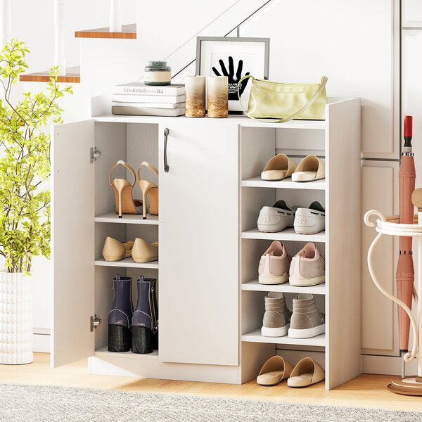 Costway Mobiletto scarpe a 2 ante con ripiani regolabili a 3 posizioni, Scarpiera da terra 5 scomparti aperti per ingresso corridoio soggiorno Bianco