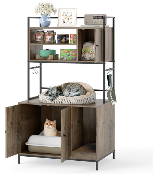 Costway Mobile lettiera per gatti con ripiani portaoggetti ganci e tavola da graffiare, Armadietto per gatti struttura metallo casa per gattini legno moderna