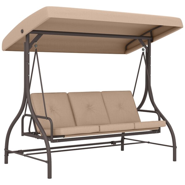 Outsunny Altalena da giardino trasformabile 3 posti di grande comfort con cuscini tetto regolabile metallo poliestere kaki