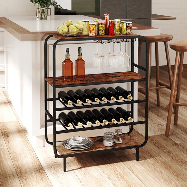 Costway Portabottiglie per vino da 16 bottiglie con portacalici, Scaffale da pavimento a 5 ripiani stile industriale metallo per cucina home bar