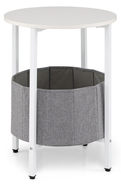 Costway Tavolino rotondo per piccoli spazi con cestino in tessuto, Tavolino a 2 ripiani con struttura in metallo Bianco + grigio