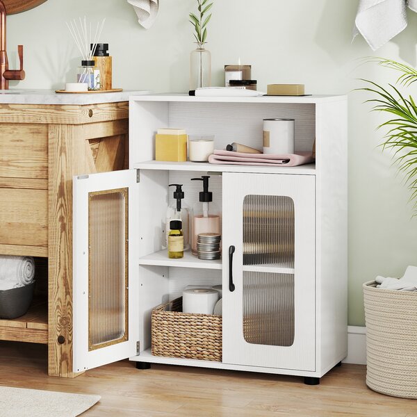 Costway Mobiletto da bagno autoportante con 2 ante ripiano regolabile a 3 livelli scomparto aperto, Organizer per bagno design anti-ribaltamento Bianco
