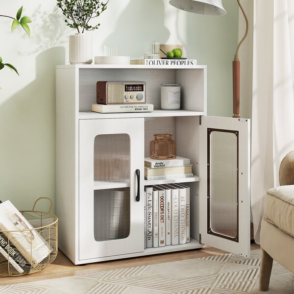 Costway Mobiletto da bagno autoportante con 2 ante ripiano regolabile a 3 livelli scomparto aperto, Organizer per bagno design anti-ribaltamento Bianco