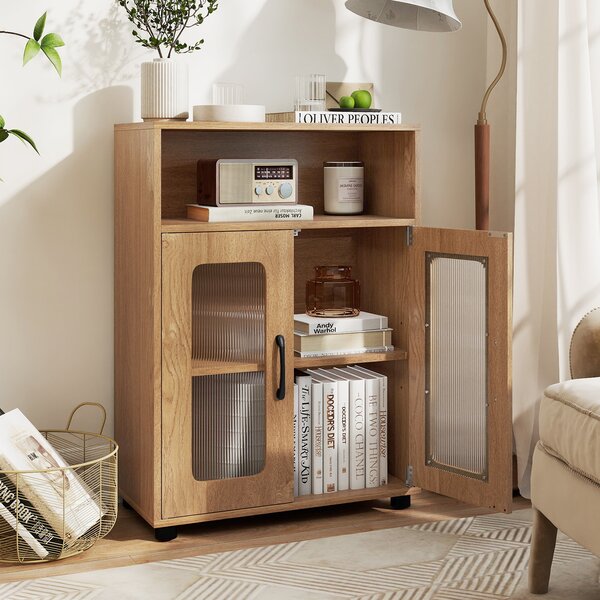 Costway Mobiletto da bagno autoportante con 2 ante ripiano regolabile a 3 livelli scomparto aperto, Organizer per bagno design anti-ribaltamento Naturale