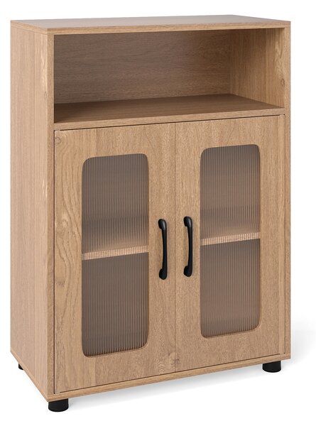 Costway Mobiletto da bagno autoportante con 2 ante ripiano regolabile a 3 livelli scomparto aperto, Organizer per bagno design anti-ribaltamento Naturale