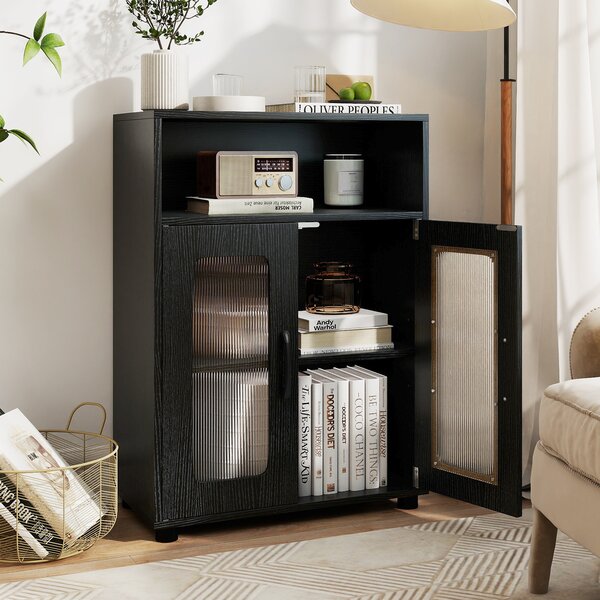 Costway Mobiletto da bagno autoportante con 2 ante ripiano regolabile a 3 livelli scomparto aperto, Organizer per bagno design anti-ribaltamento Nero