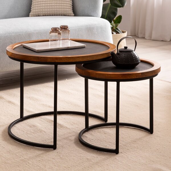 Tavolino da salotto set di 2 pezzi in legno massiccio di mango / look pietra tavolo da salotto rotondo | Wohnling