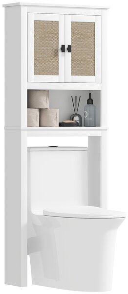 HOMCOM Mobile sopra Inodoro con 2 Porte con Frontale di Rattan Vano e Ripiano Regolabile 60x19,5x160 cm Bianco