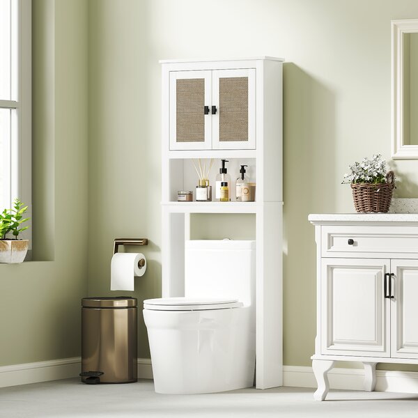 HOMCOM Mobile sopra Inodoro con 2 Porte con Frontale di Rattan Vano e Ripiano Regolabile 60x19,5x160 cm Bianco
