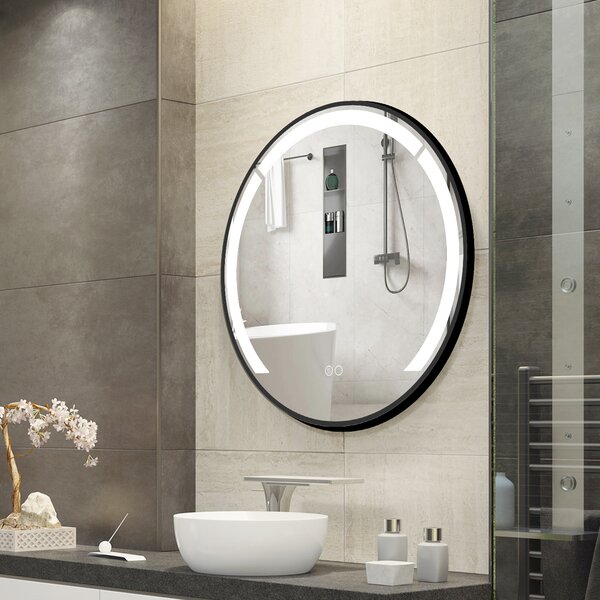 Costway Specchio da bagno led rotondo 60 cm cornice alluminio funzione antifog, Specchio da toeletta 3 colori luce luminosità regolabile specchio smart da parete