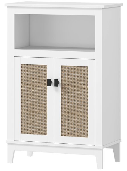 HOMCOM Mobile Bagno con 2 Porte Frontali in Rattan Scaffale Regolabile e Vano Aperto 60x30x90 cm Bianco