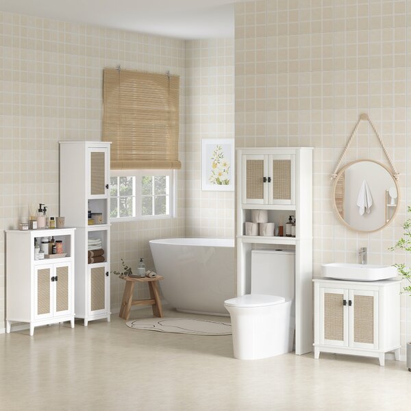 HOMCOM Mobile sopra Inodoro con 2 Porte con Frontale di Rattan Vano e Ripiano Regolabile 60x19,5x160 cm Bianco