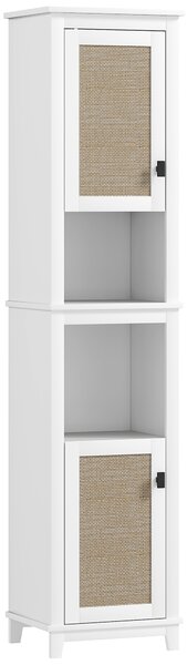 HOMCOM Colonna da Bagno con Ripiani Regolabili 2 Porte con Frontale in Rattan e 2 Compartimenti 40x30x167,5 cm Bianco
