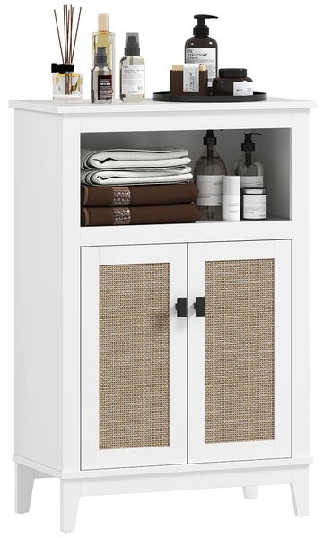 HOMCOM Mobile Bagno con 2 Porte Frontali in Rattan Scaffale Regolabile e Vano Aperto 60x30x90 cm Bianco