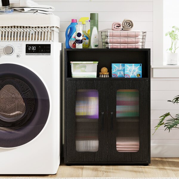 Costway Mobiletto da bagno autoportante con 2 ante ripiano regolabile a 3 livelli scomparto aperto, Organizer per bagno design anti-ribaltamento Nero