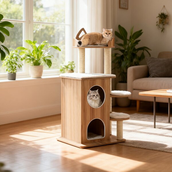 Costway Albero per gatti in legno condominio 2 piani 3 piattaforme con cuscin, Torre per gatti piattaforma testa di gatto posti grattare sisal