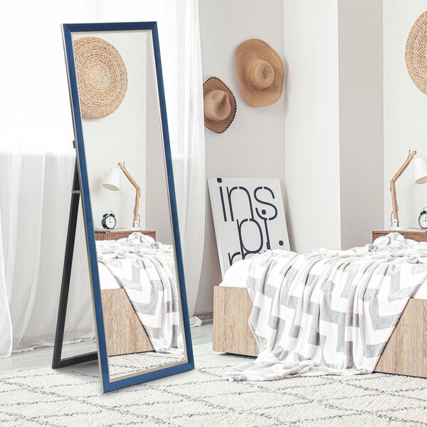 HOMCOM Specchio a Figura Intera 150x50 cm con Cornice in Velluto e Supporto per Soggiorno Camera da Letto Blu