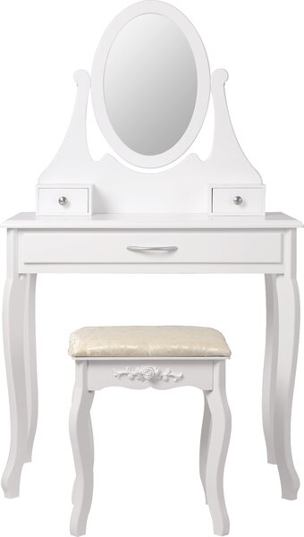 ML-Design tavolo da toilette bianco, tavolo da toilette con specchio, sgabello e 3 cassetti, 75x140x40 cm, stile country, tavolo cosmetico per donne e ragazze