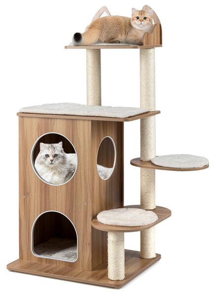 Costway Albero per gatti in legno condominio 2 piani 3 piattaforme con cuscin, Torre per gatti piattaforma testa di gatto posti grattare sisal
