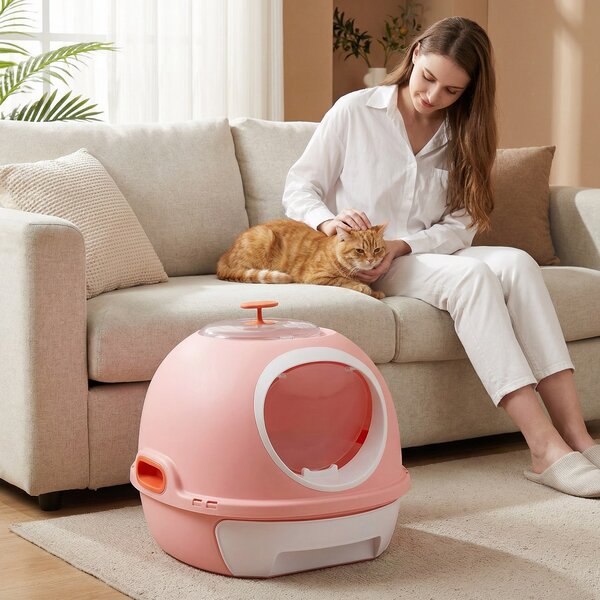 Costway Lettiera per gatti con coperchio stile elicottero ingresso frontale uscita ribalta, Toilette per gattini cassetto portatile piccoli medi fino a 10 kg Rosa