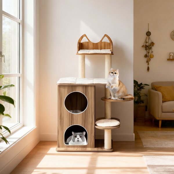 Costway Albero per gatti in legno condominio 2 piani 3 piattaforme con cuscin, Torre per gatti piattaforma testa di gatto posti grattare sisal
