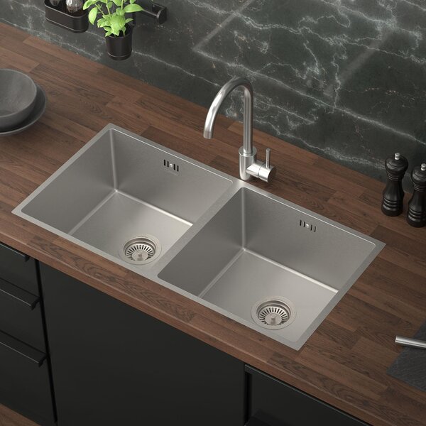 ML-Design lavello doppio con scarico e troppopieno, argento, acciaio inossidabile