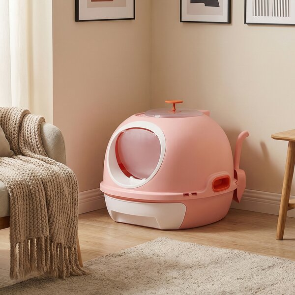 Costway Lettiera per gatti con coperchio stile elicottero ingresso frontale uscita ribalta, Toilette per gattini cassetto portatile piccoli medi fino a 10 kg Rosa