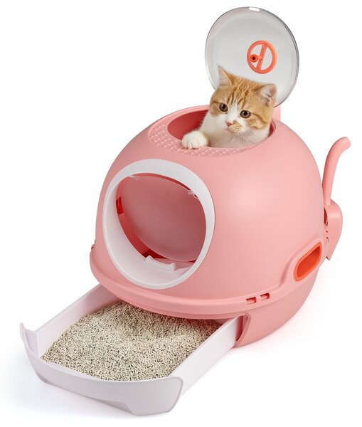 Costway Lettiera per gatti con coperchio stile elicottero ingresso frontale uscita ribalta, Toilette per gattini cassetto portatile piccoli medi fino a 10 kg Rosa