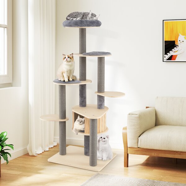 Costway Albero per gatti alto 172 cm posatoio imbottito rifugio privato, Mobile arrampicata per gattini tappetini staccabili pali graffi base stabile