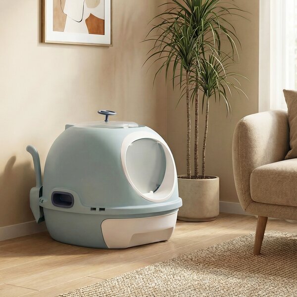 Costway Lettiera per gatti con coperchio stile elicottero ingresso frontale uscita ribalta, Toilette per gattini cassetto portatile piccoli medi fino a 10 kg Blu