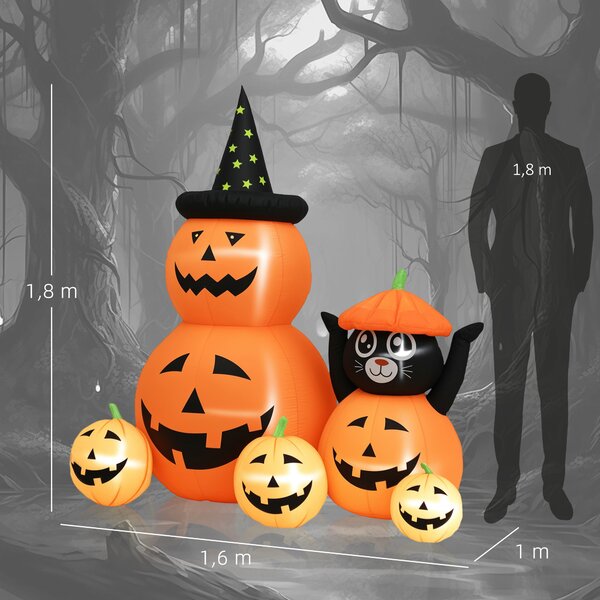 Outsunny Calabaza Gonfiabile di Halloween con Gatto da 6 Piedi con Luci LED IP44 e Gonfiatore per Feste 160x100x180 cm Arancione | Aosom Italy